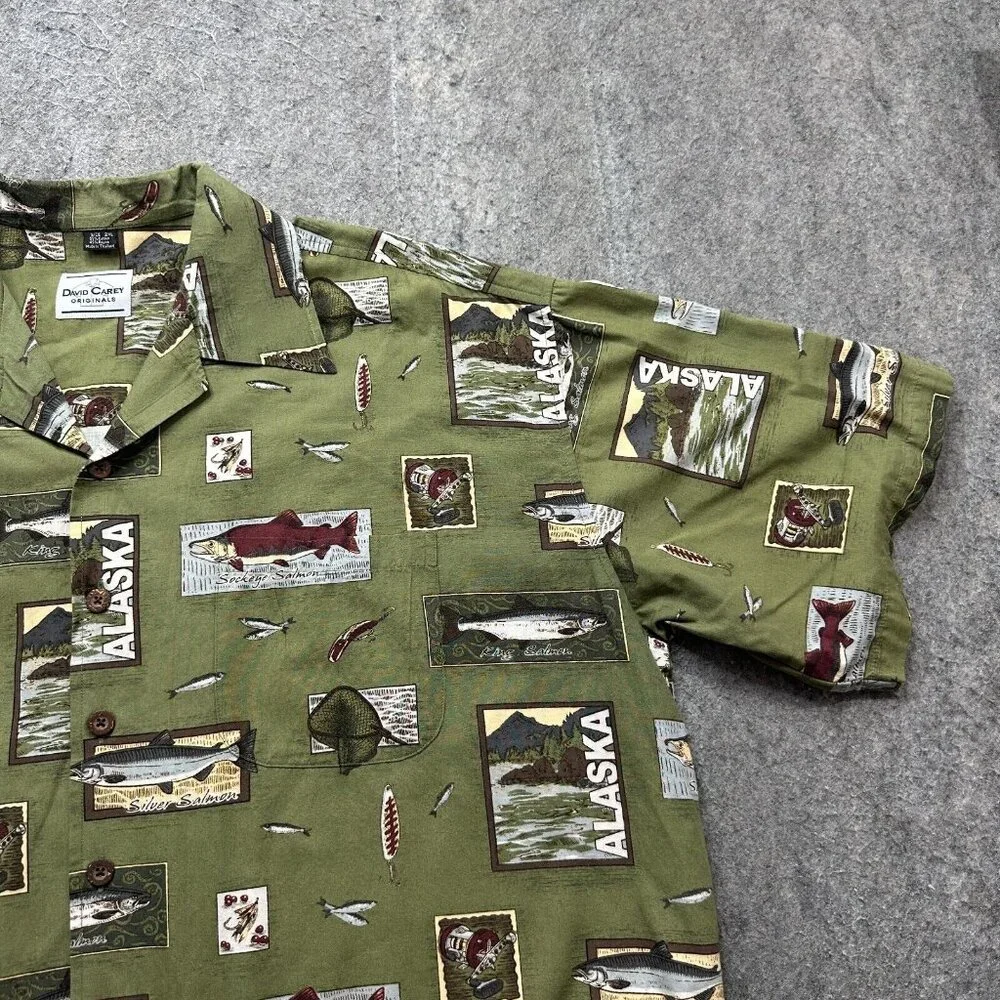 David Carey Camp Shirt Men 2XL Green Alaska Print Fish Graphic Short Sleeve - Picture 3 of 11